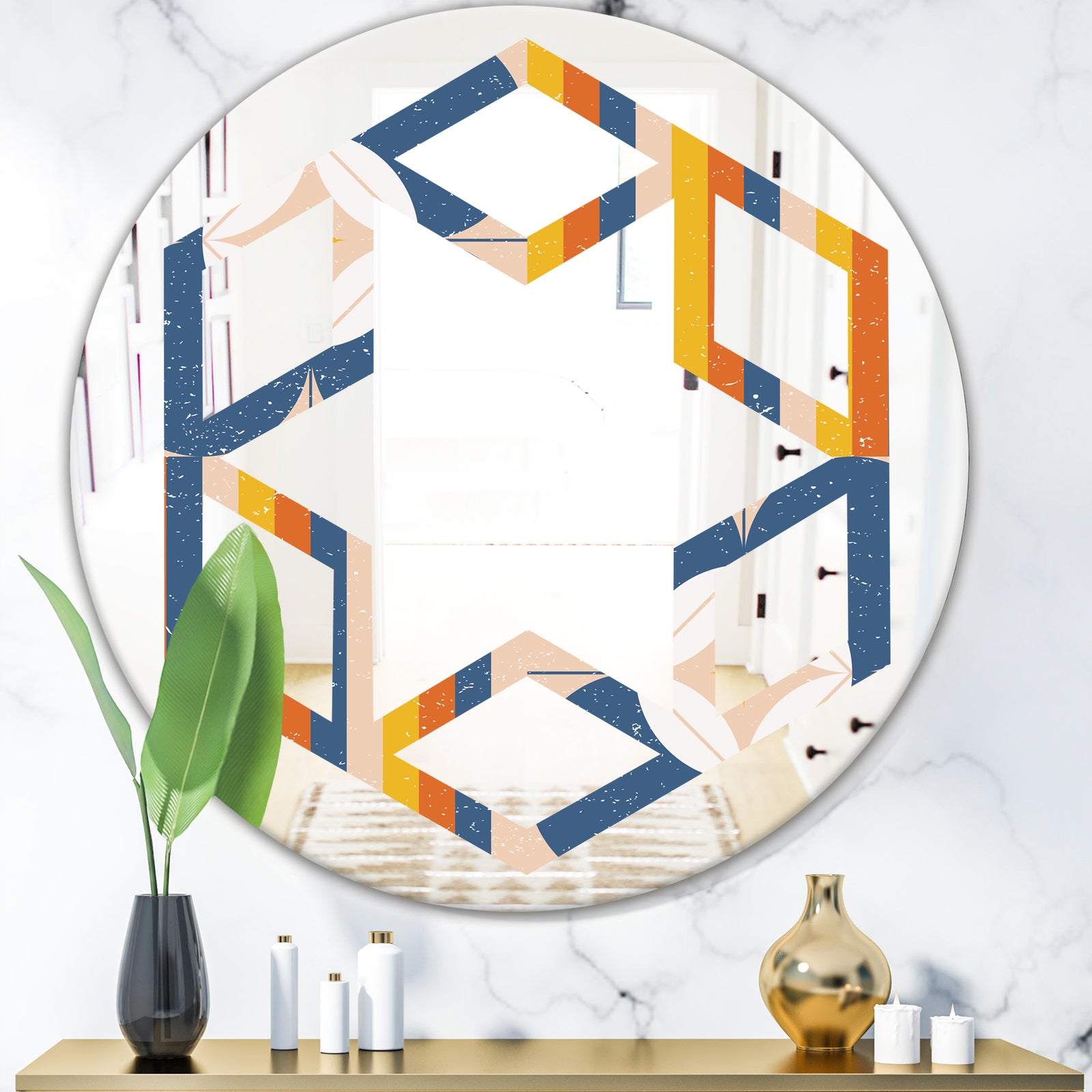 Retro Floral Pattern XI - Modern Round or Oval Wall Mirror - Hexagon Star