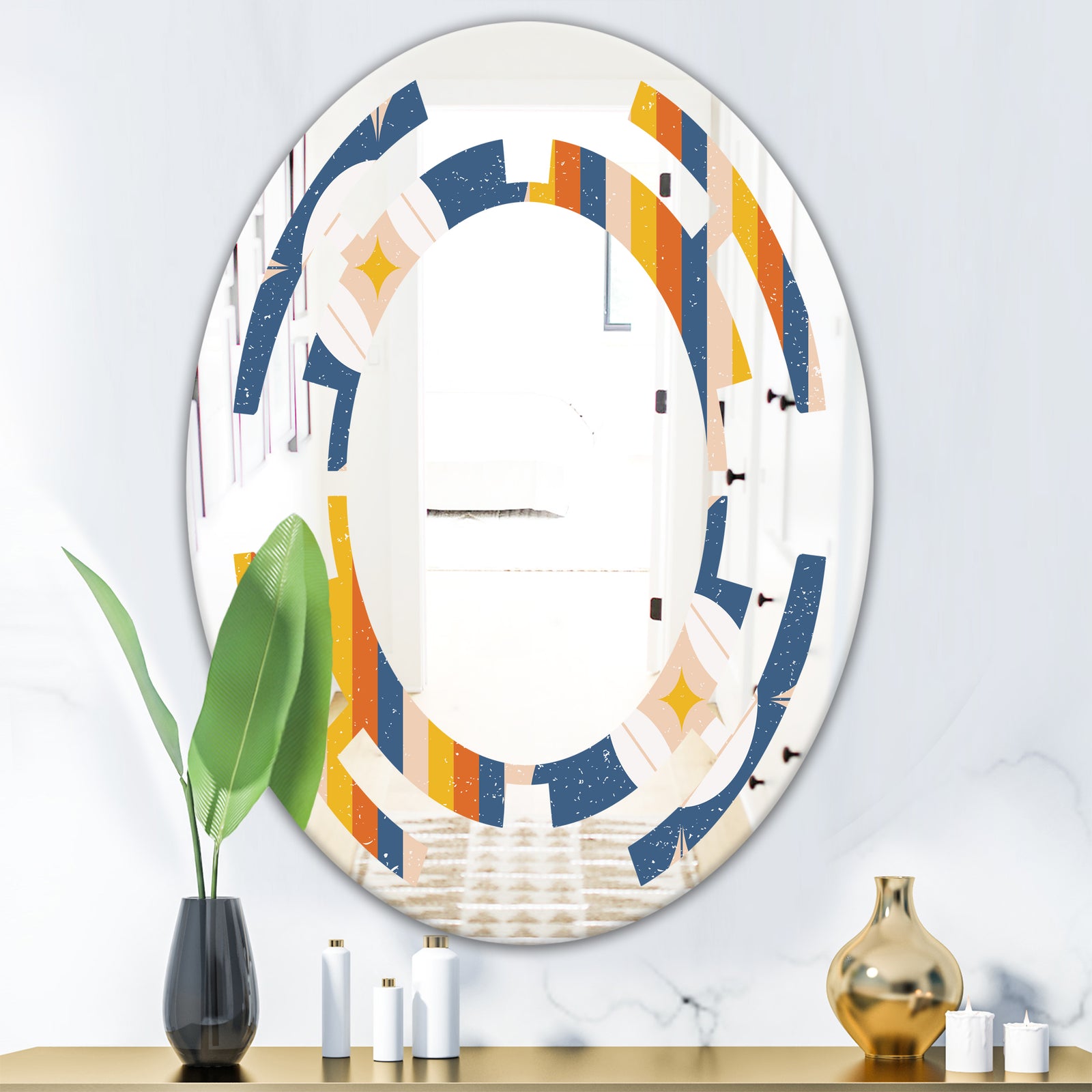 Retro Floral Pattern XI - Modern Round or Oval Wall Mirror - Space