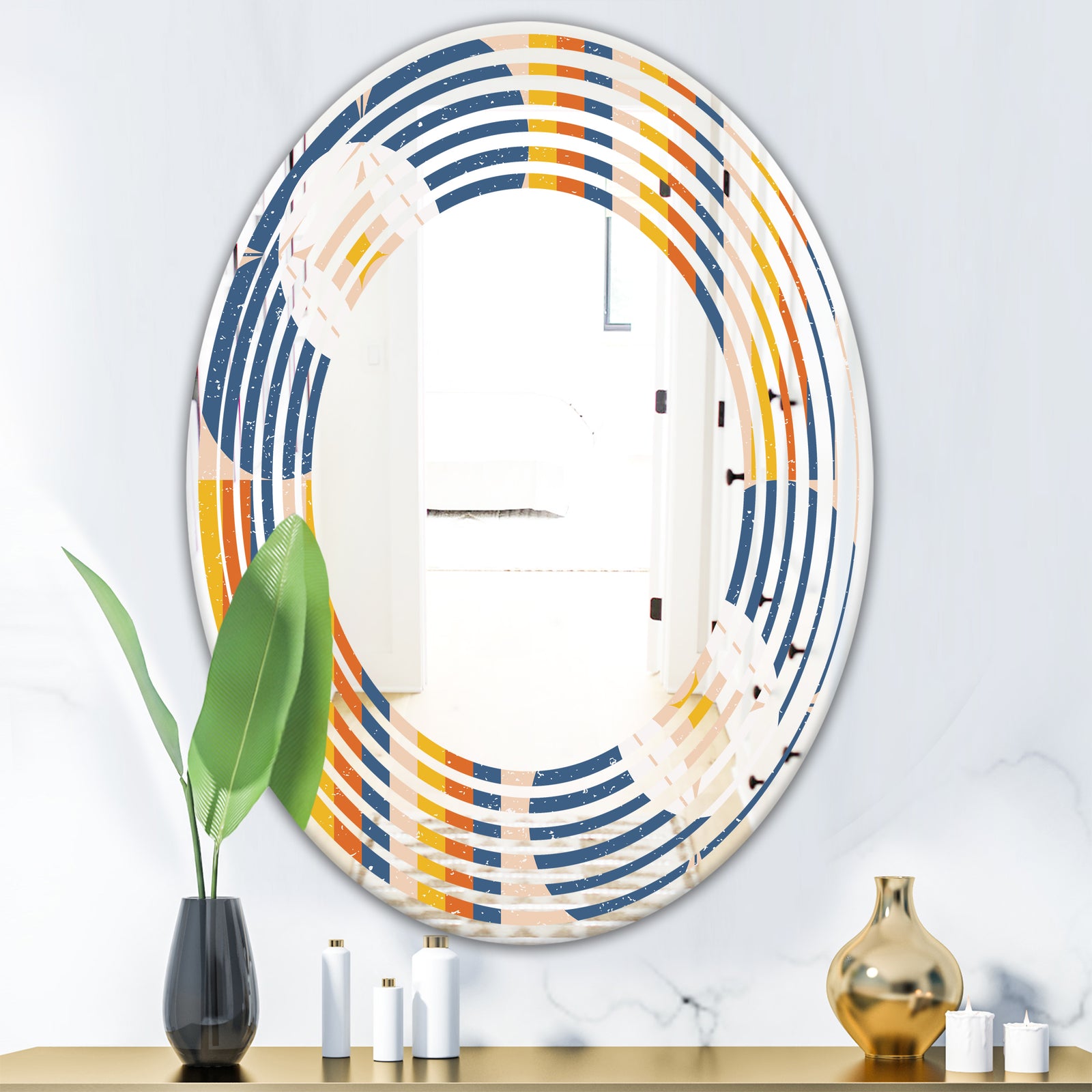 Retro Floral Pattern XI - Modern Round or Oval Wall Mirror - Wave