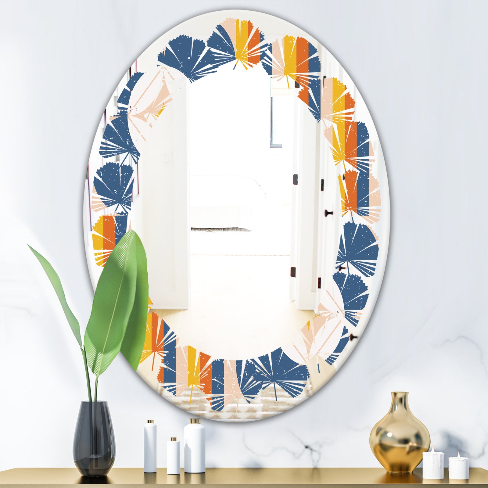 Retro Floral Pattern XI - Modern Round or Oval Wall Mirror - Leaves