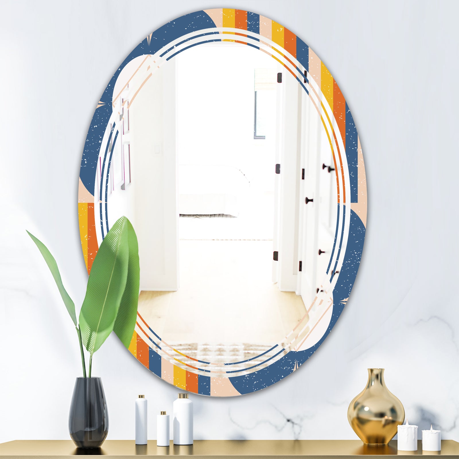 Retro Floral Pattern XI - Modern Round or Oval Wall Mirror - Triple C