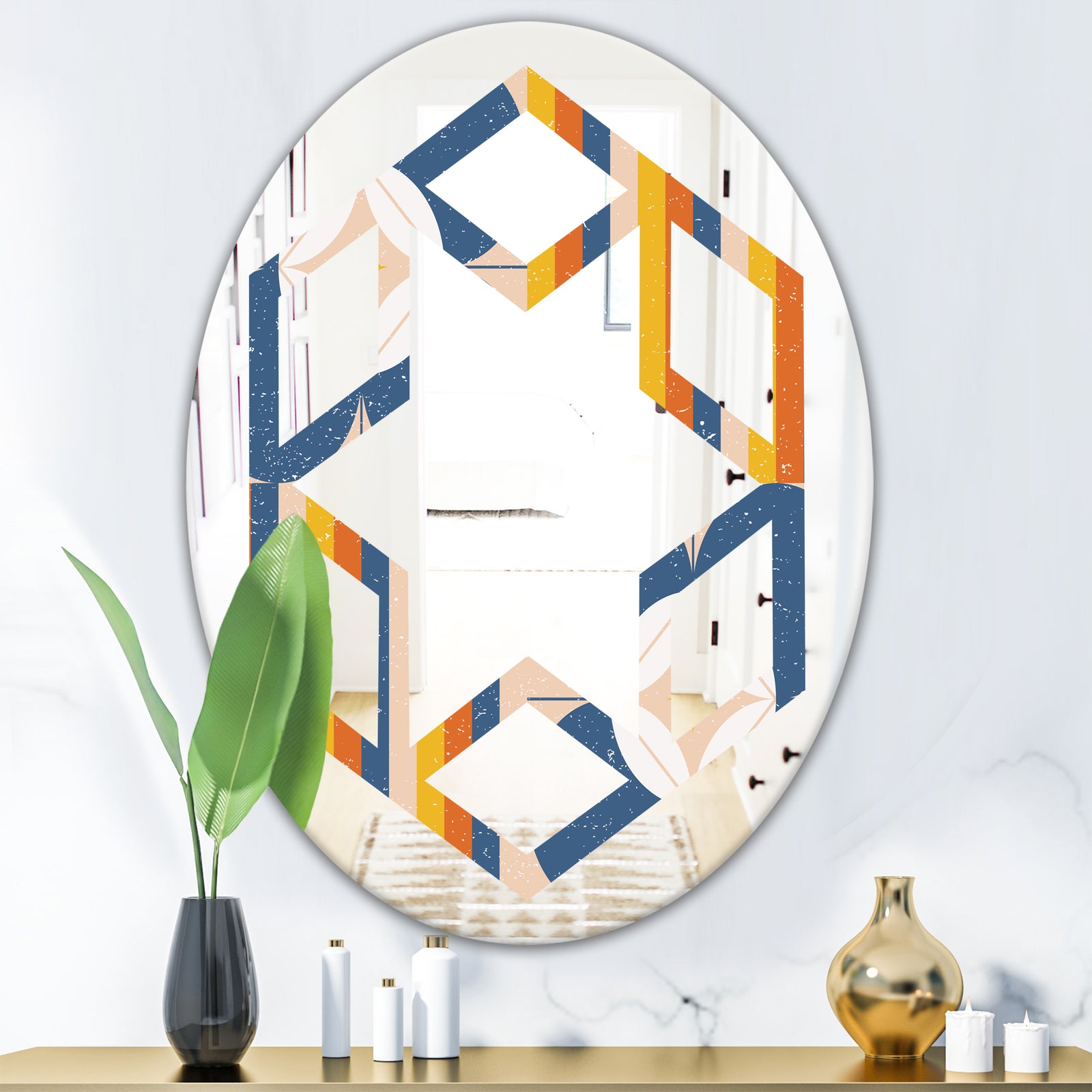Retro Floral Pattern XI - Modern Round or Oval Wall Mirror - Hexagon Star