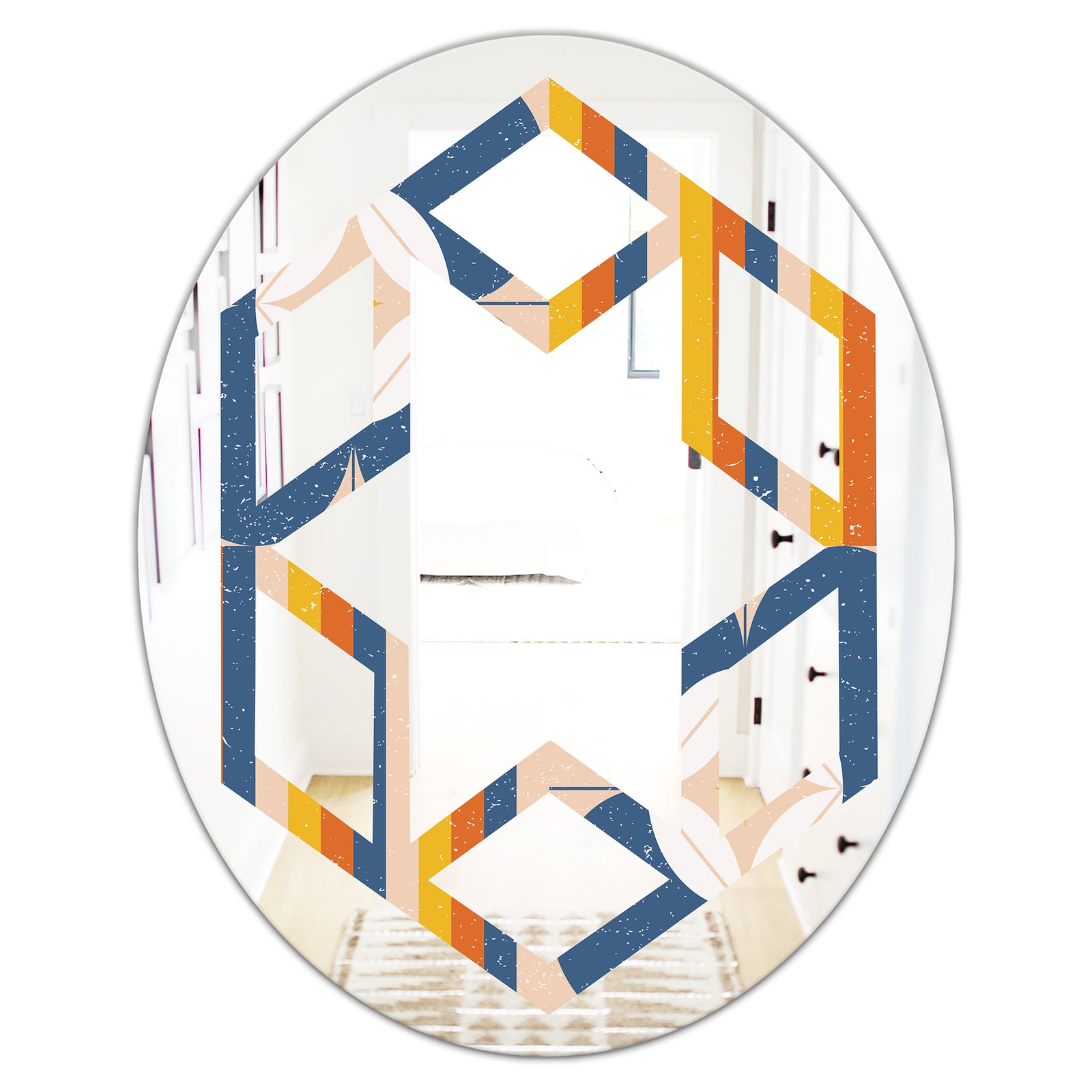 Retro Floral Pattern XI - Modern Round or Oval Wall Mirror - Hexagon Star