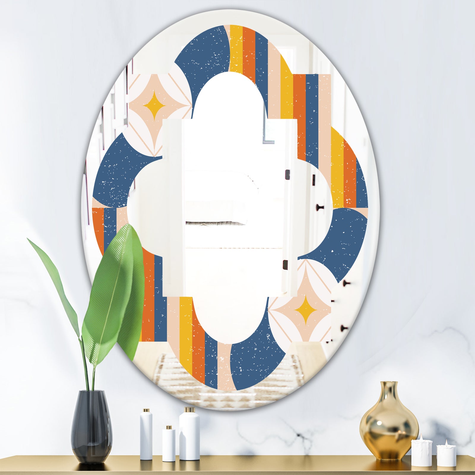 Retro Floral Pattern XI - Modern Round or Oval Wall Mirror - Quatrefoil