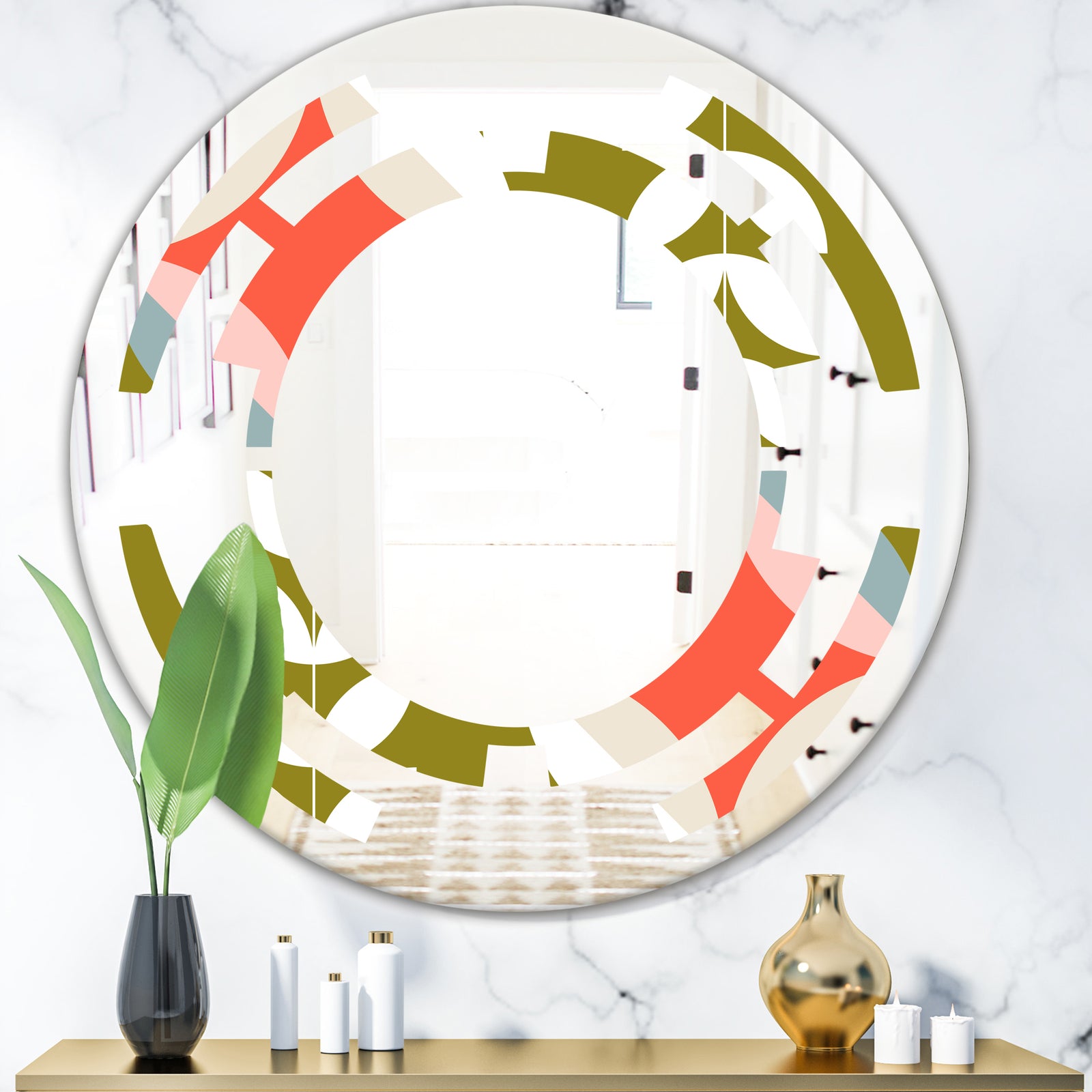 Retro Botanical Pattern I - Modern Round or Oval Wall Mirror - Space