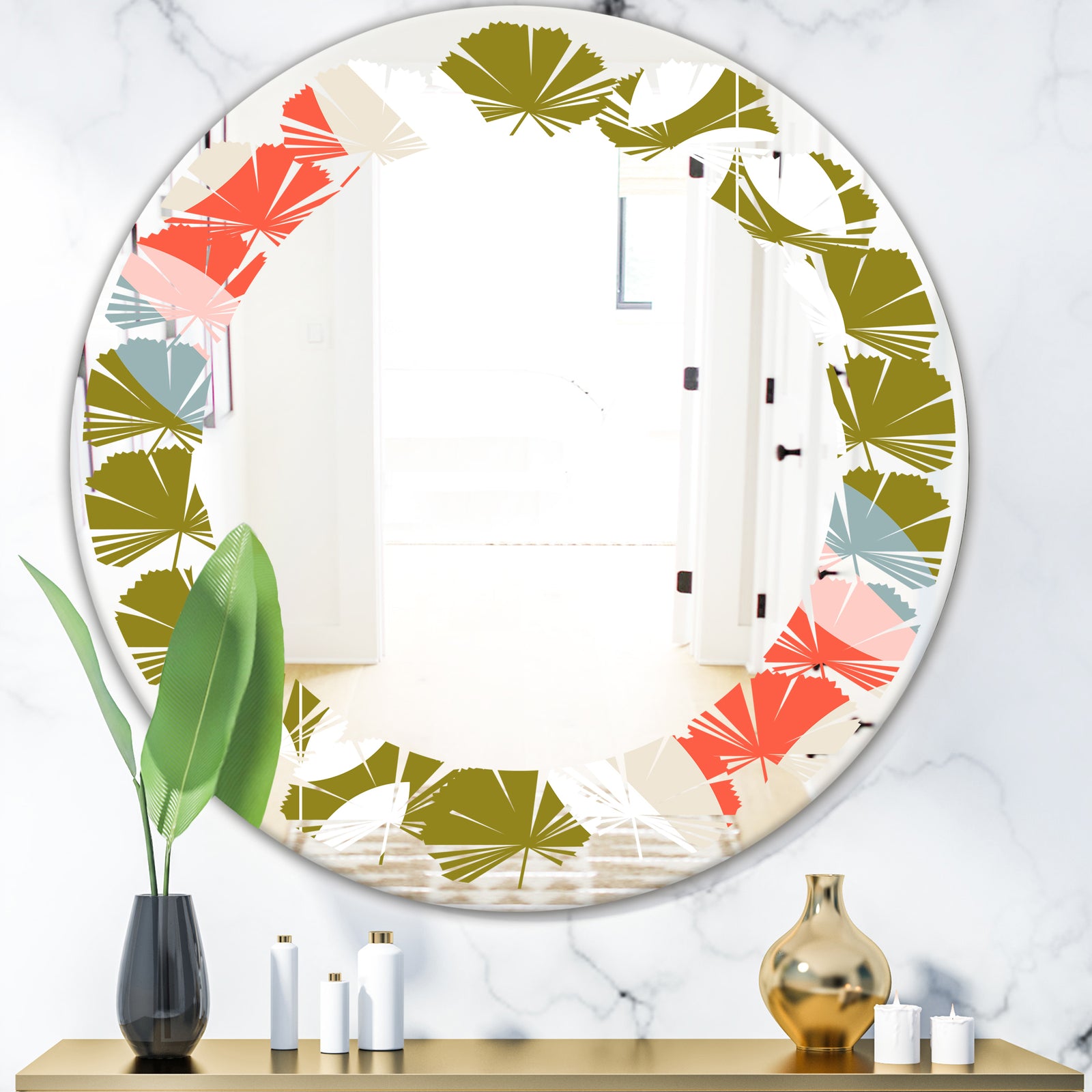 Retro Botanical Pattern I - Modern Round or Oval Wall Mirror - Leaves
