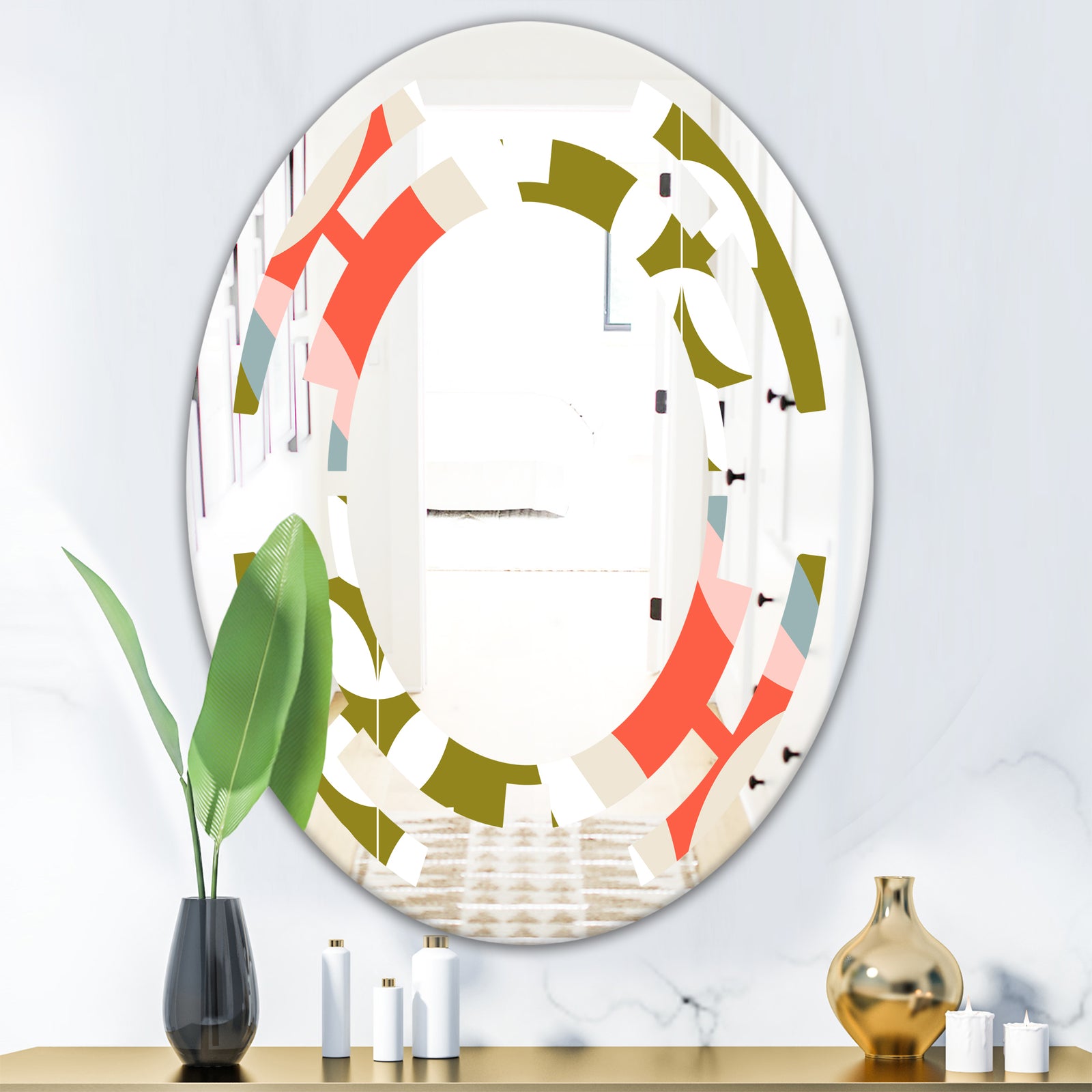 Retro Botanical Pattern I - Modern Round or Oval Wall Mirror - Space