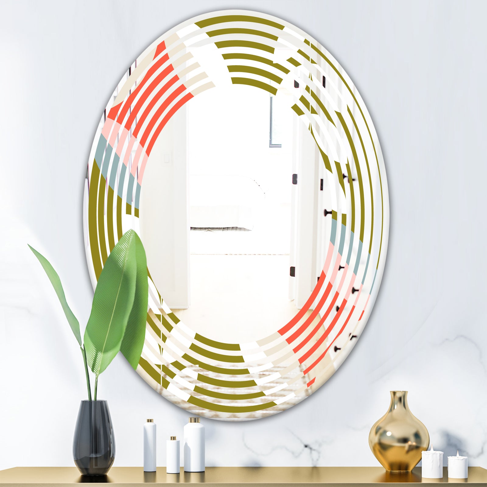 Retro Botanical Pattern I - Modern Round or Oval Wall Mirror - Wave