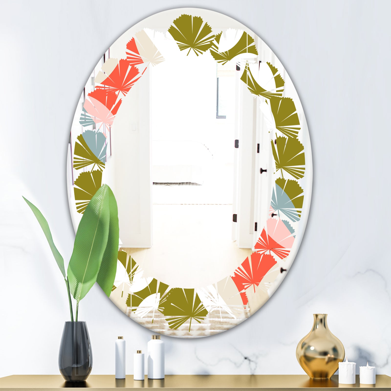 Retro Botanical Pattern I - Modern Round or Oval Wall Mirror - Leaves