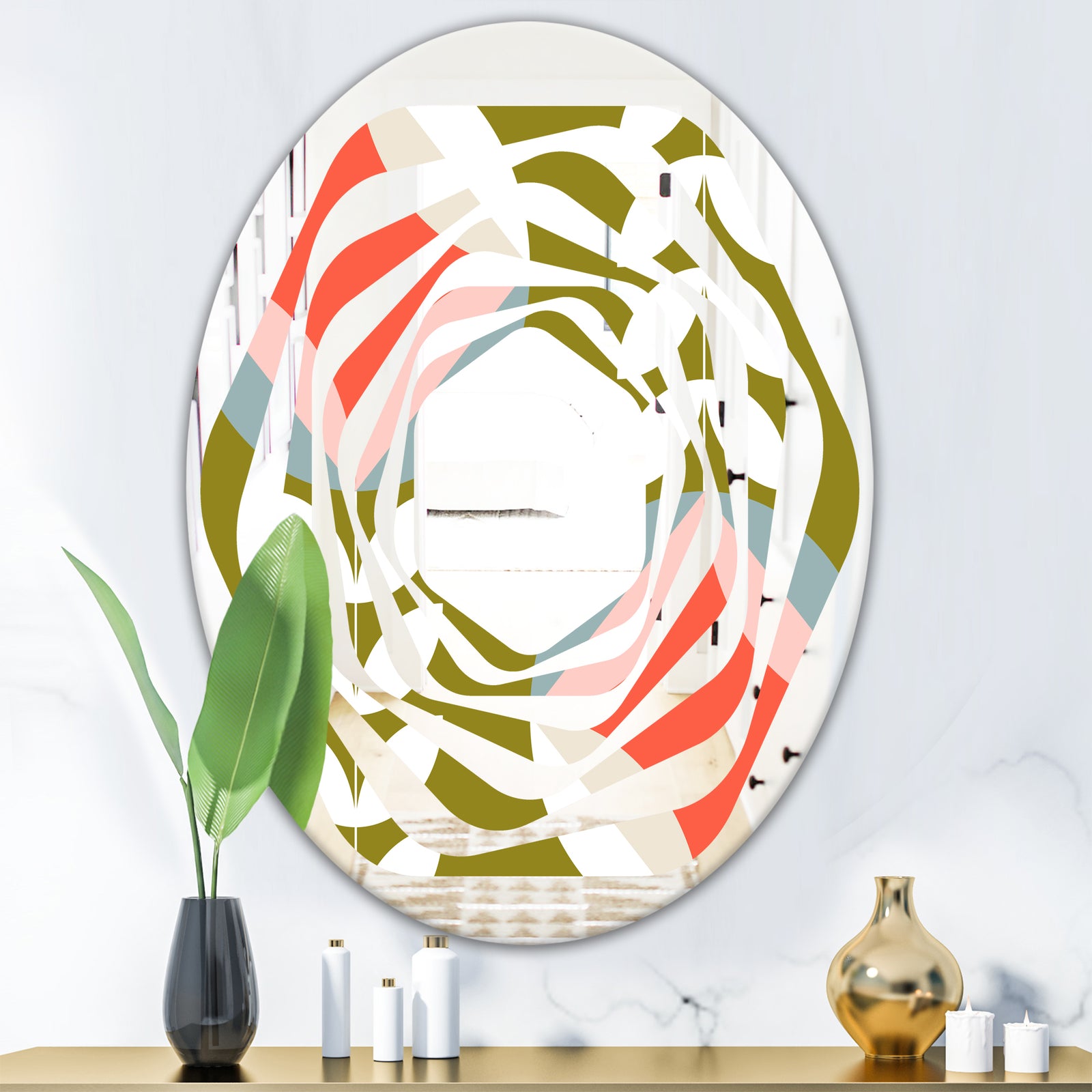 Retro Botanical Pattern I - Modern Round or Oval Wall Mirror - Whirl