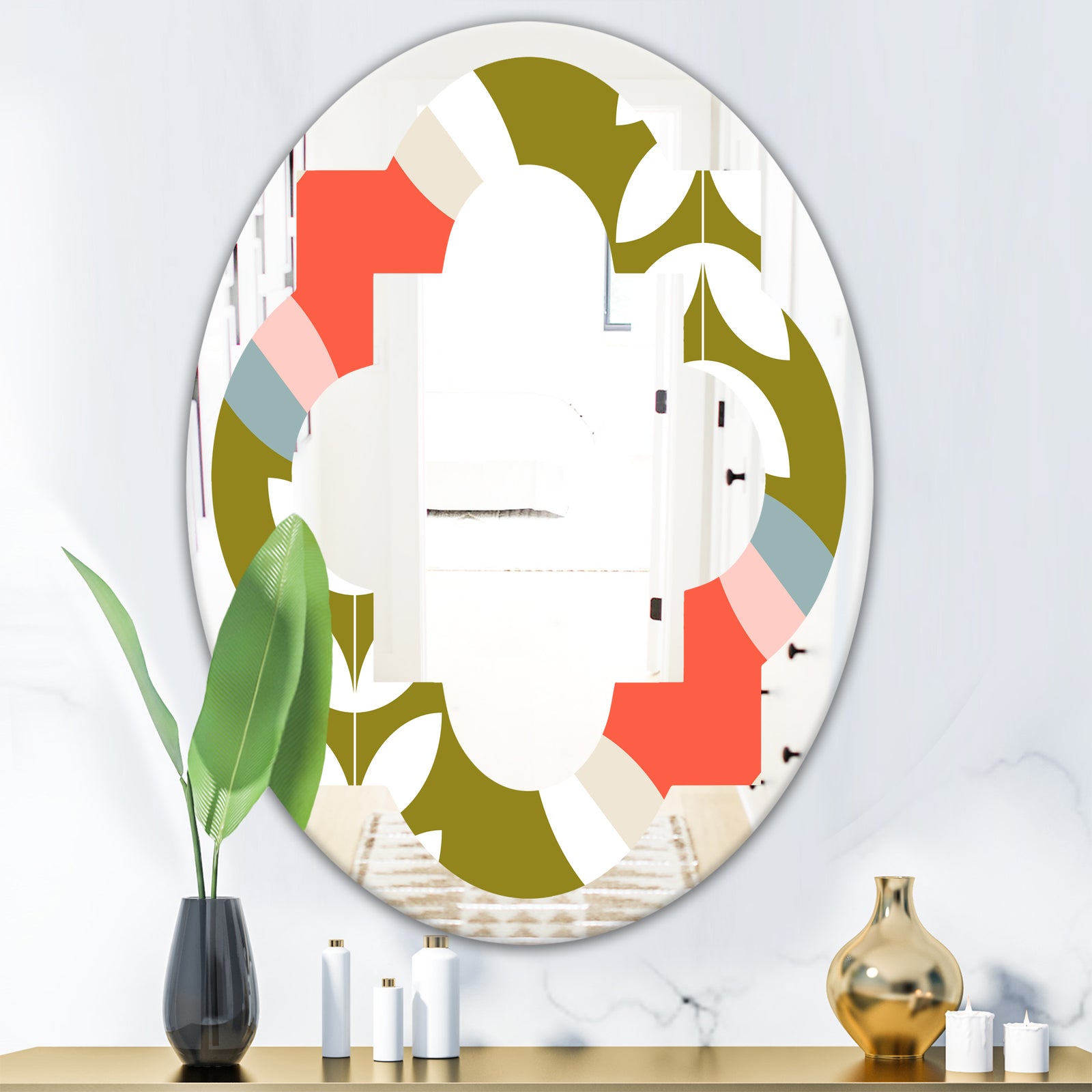 Retro Botanical Pattern I - Modern Round or Oval Wall Mirror - Quatrefoil