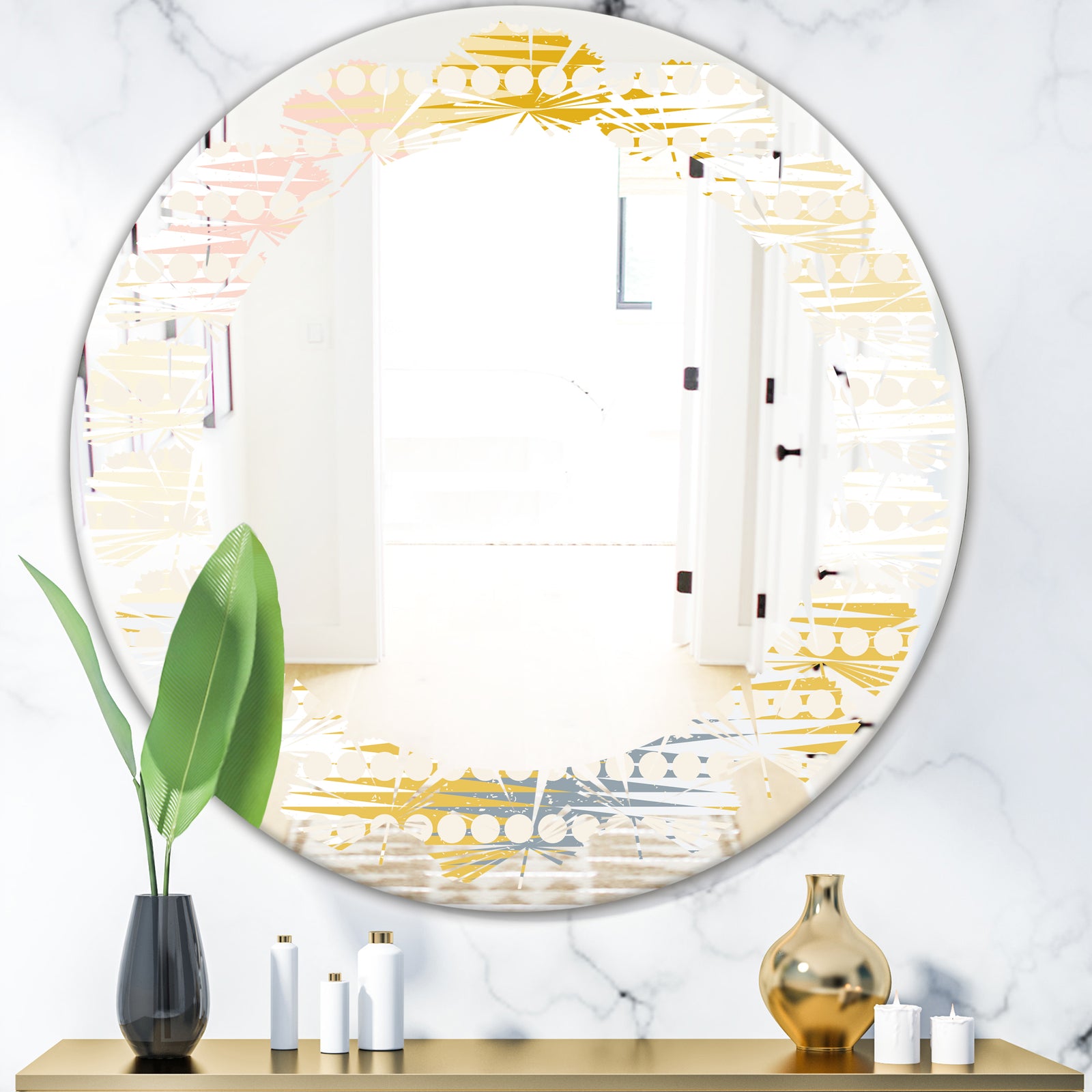 Retro Abstract Design VIII - Modern Round or Oval Wall Mirror - Leaves