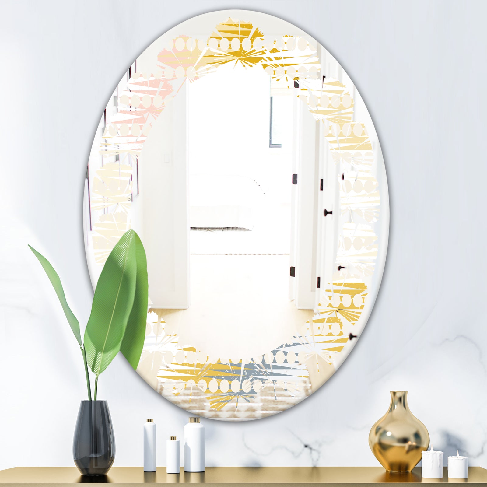 Retro Abstract Design VIII - Modern Round or Oval Wall Mirror - Leaves