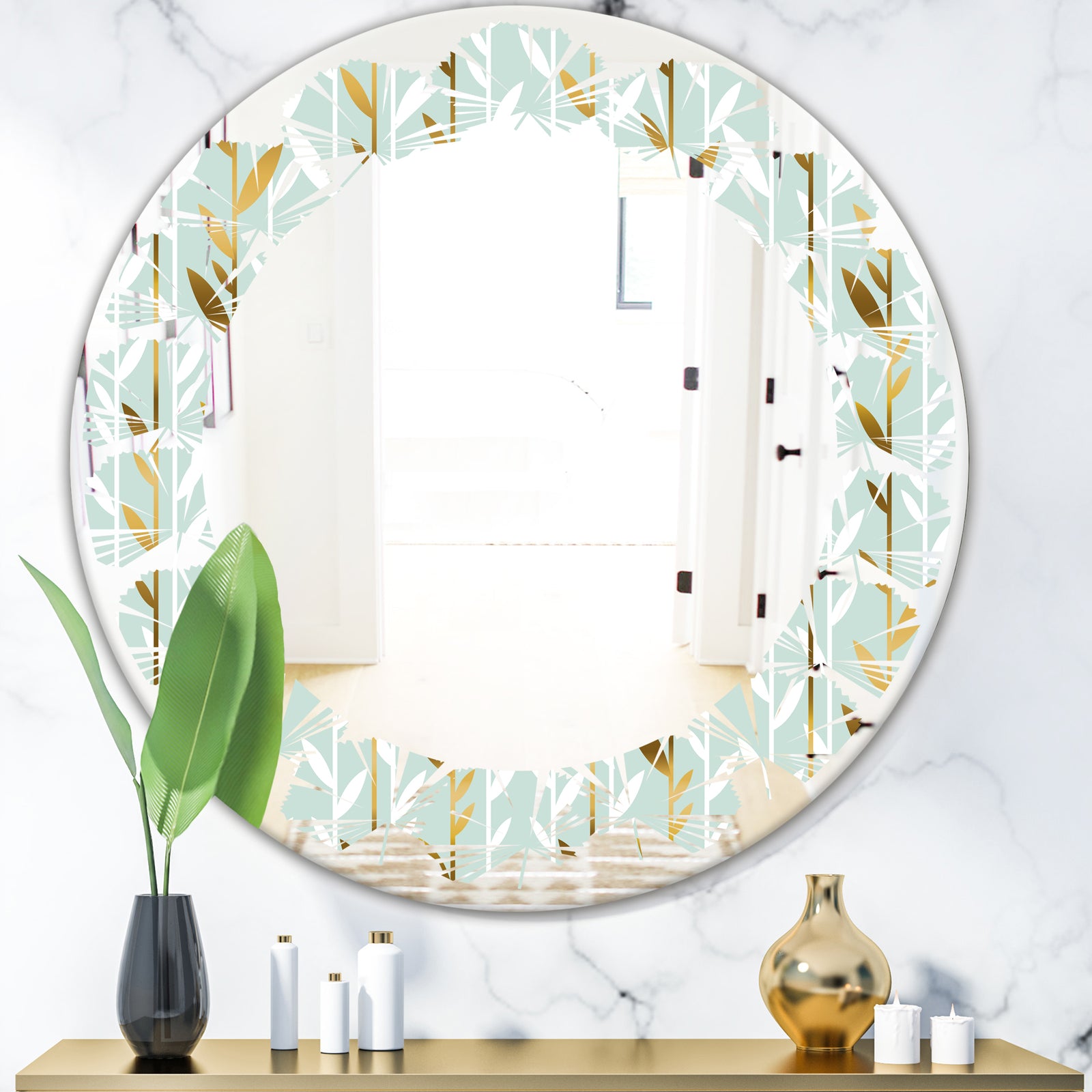 Golden Foliage I - Modern Round or Oval Wall Mirror - Leaves