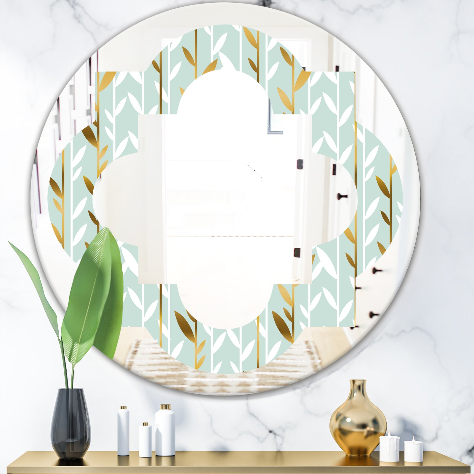 Golden Foliage I - Modern Round or Oval Wall Mirror - Quatrefoil