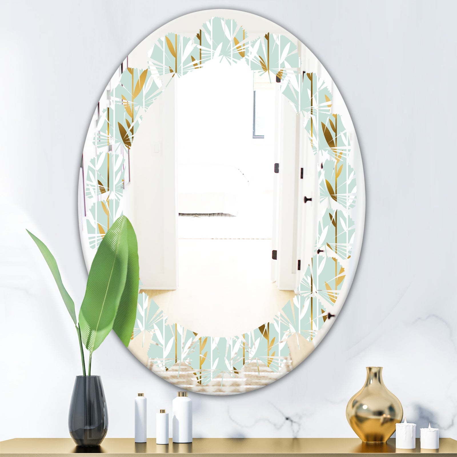 Golden Foliage I - Modern Round or Oval Wall Mirror - Leaves