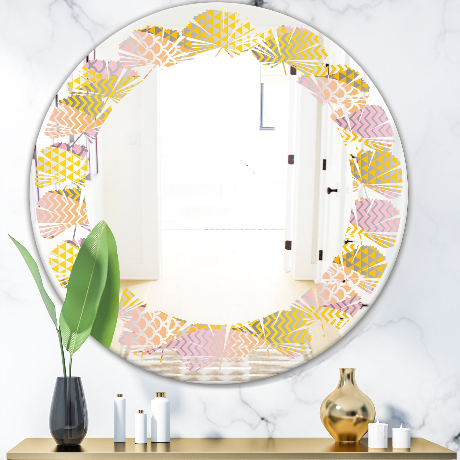 Golden Geometrical Fish Scale - Modern Round or Oval Wall Mirror - Leaves