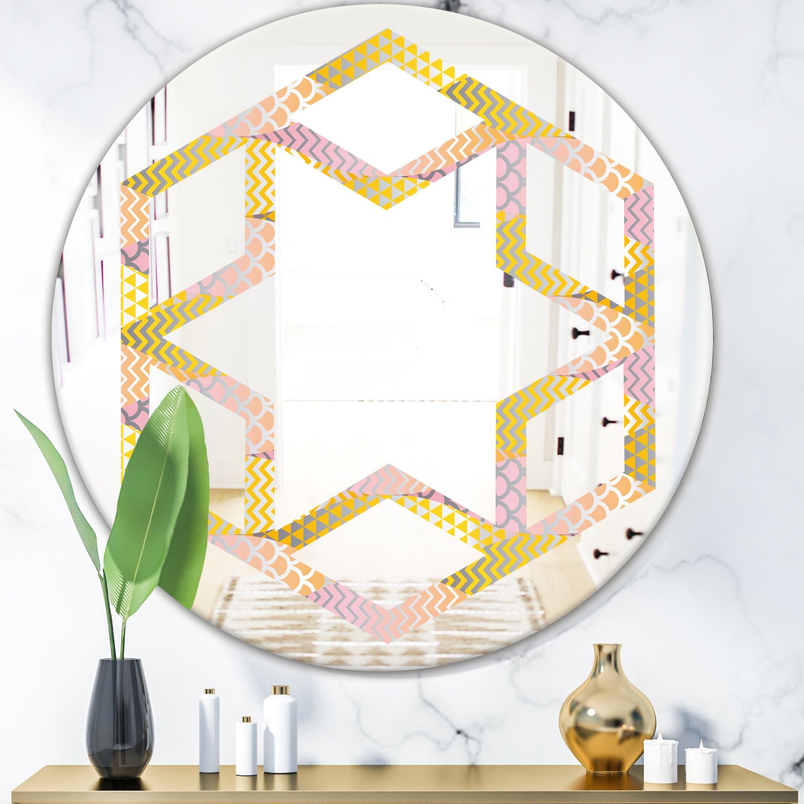 Golden Geometrical Fish Scale - Modern Round or Oval Wall Mirror - Hexagon Star