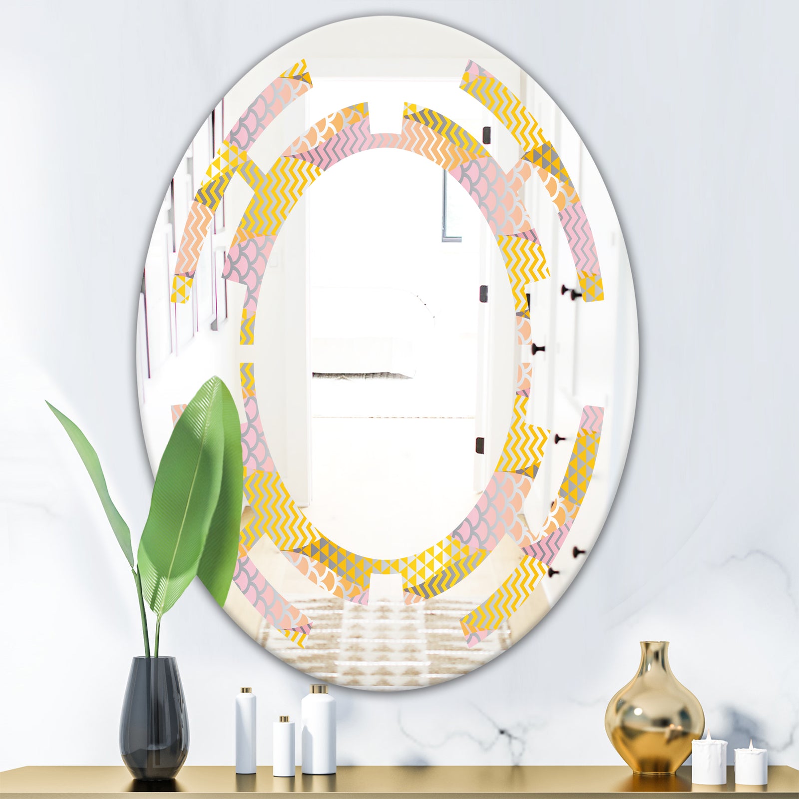 Golden Geometrical Fish Scale - Modern Round or Oval Wall Mirror - Space