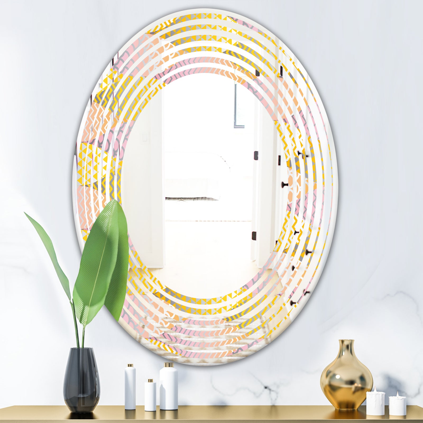 Golden Geometrical Fish Scale - Modern Round or Oval Wall Mirror - Wave