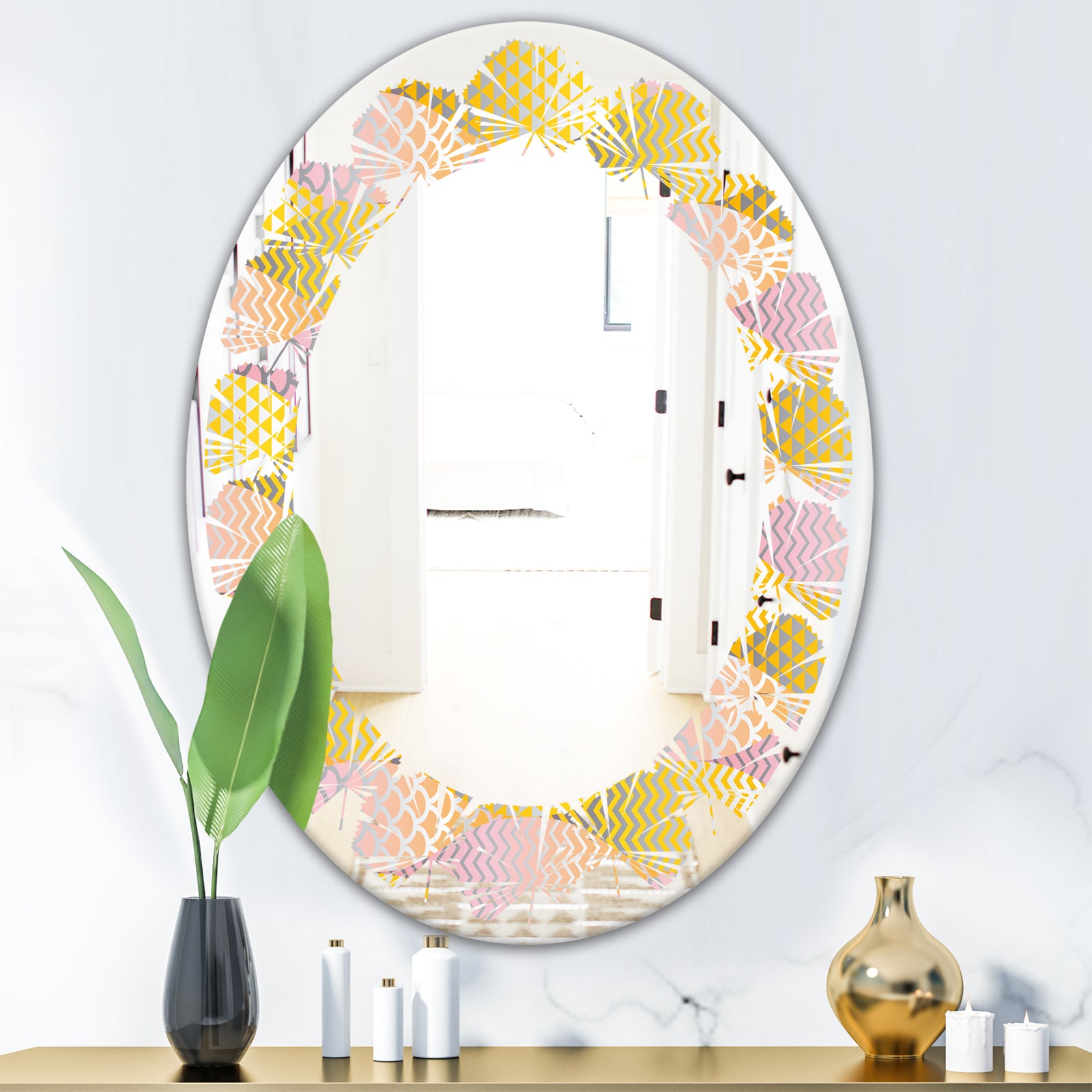 Golden Geometrical Fish Scale - Modern Round or Oval Wall Mirror - Leaves