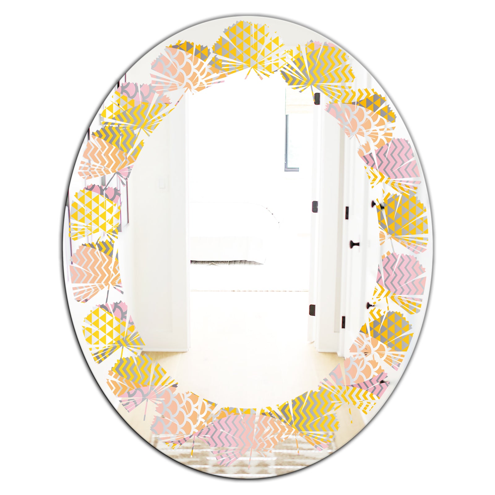 Golden Geometrical Fish Scale - Modern Round or Oval Wall Mirror - Leaves