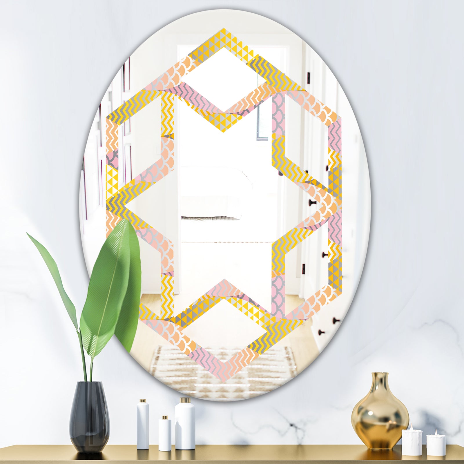 Golden Geometrical Fish Scale - Modern Round or Oval Wall Mirror - Hexagon Star