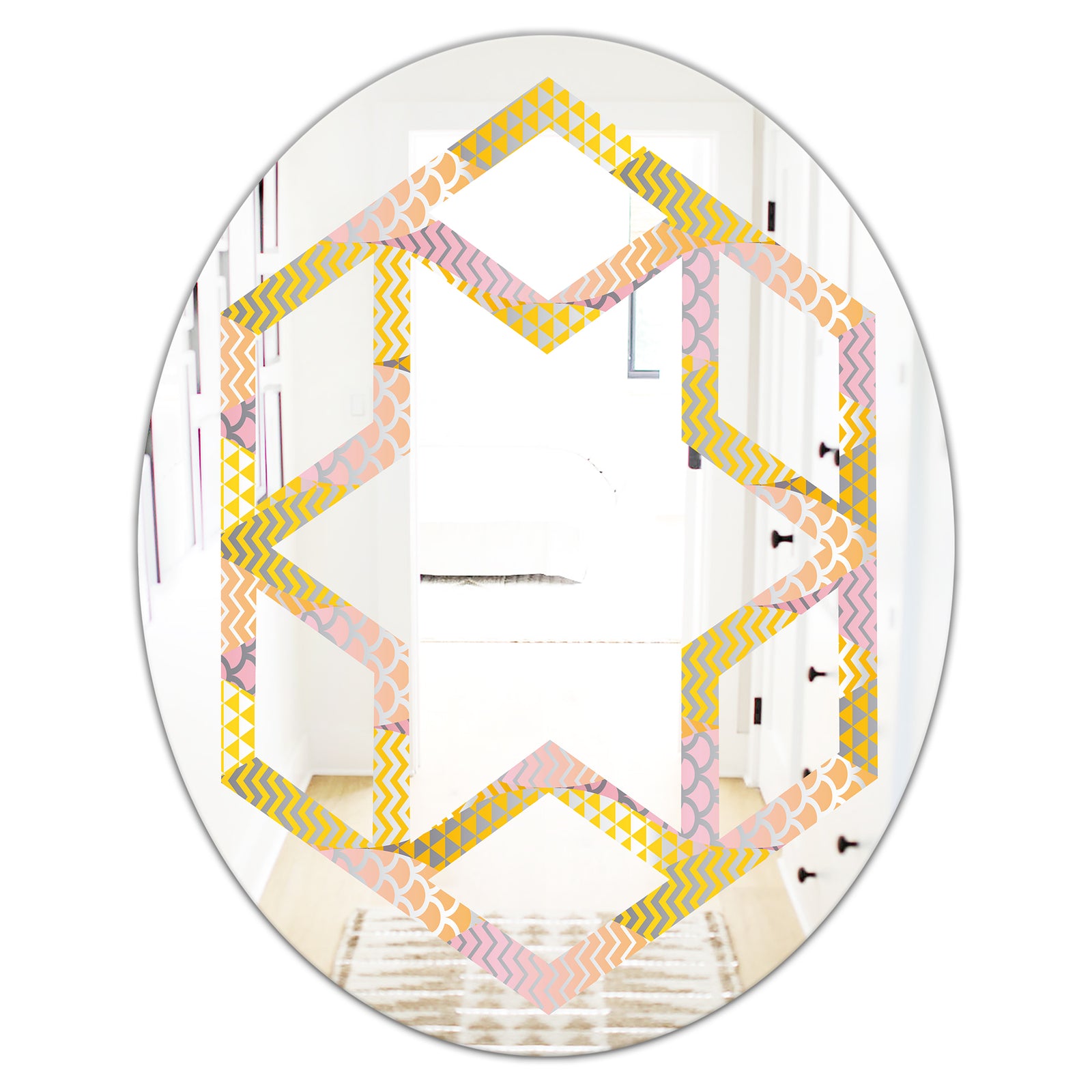 Golden Geometrical Fish Scale - Modern Round or Oval Wall Mirror - Hexagon Star