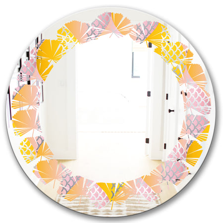 Golden Geometrical Diamond Pattern IV - Modern Round or Oval Wall Mirror - Leaves