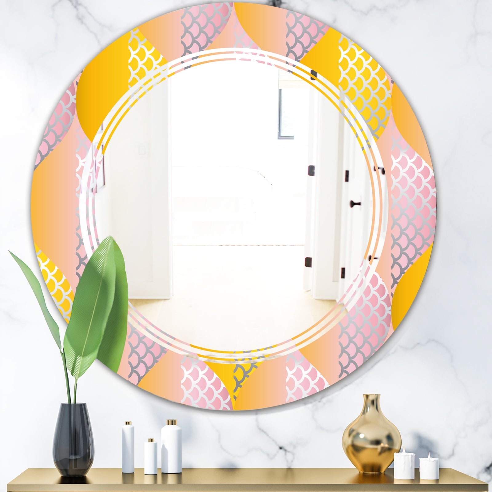 Golden Geometrical Diamond Pattern IV - Modern Round or Oval Wall Mirror - Triple C