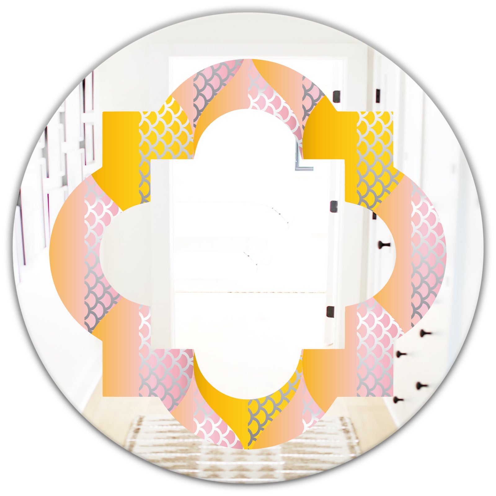 Golden Geometrical Diamond Pattern IV - Modern Round or Oval Wall Mirror - Quatrefoil
