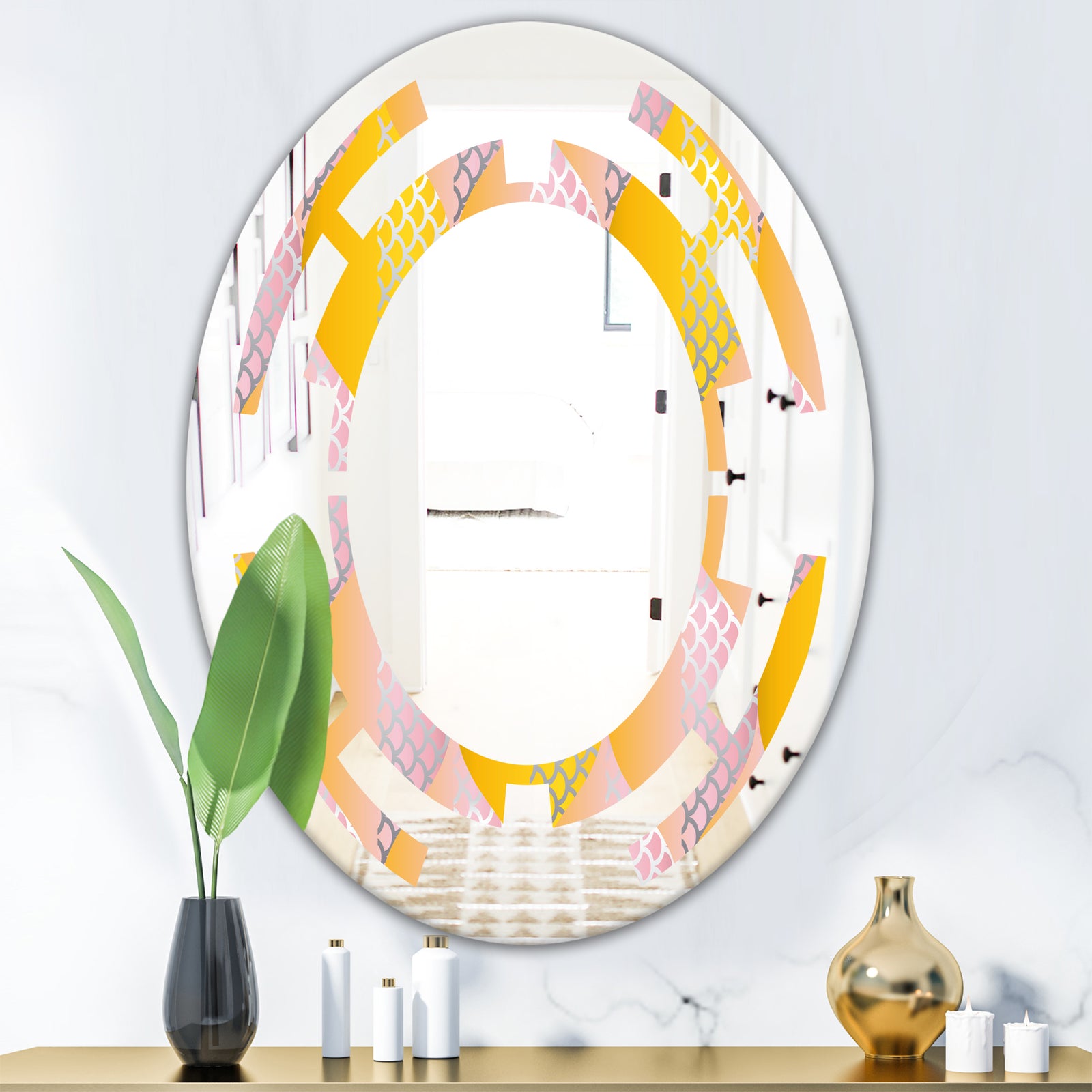 Golden Geometrical Diamond Pattern IV - Modern Round or Oval Wall Mirror - Space