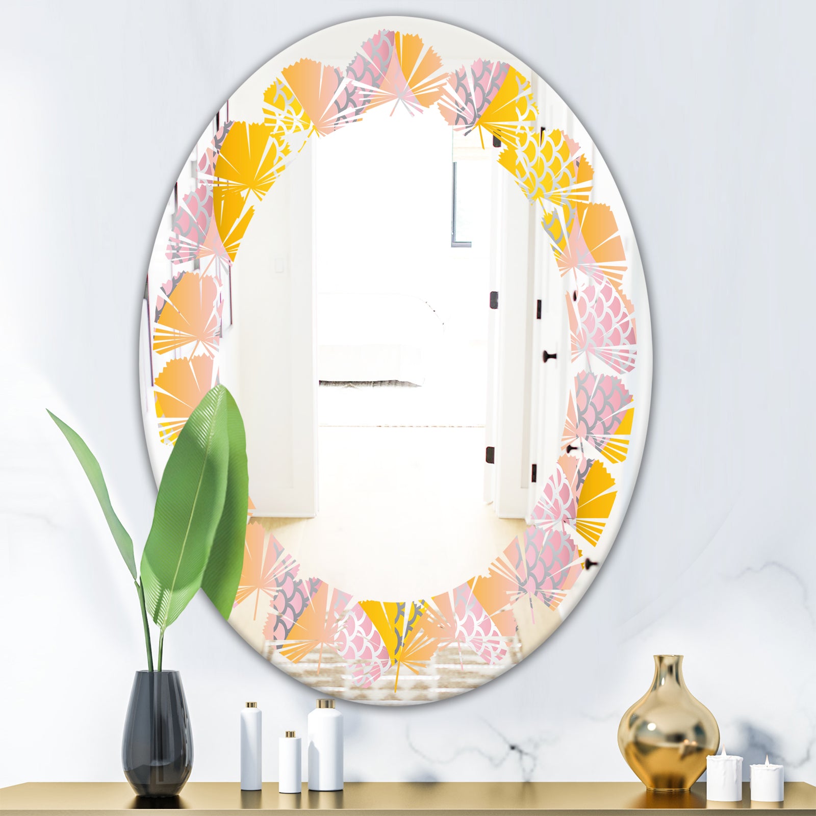 Golden Geometrical Diamond Pattern IV - Modern Round or Oval Wall Mirror - Leaves