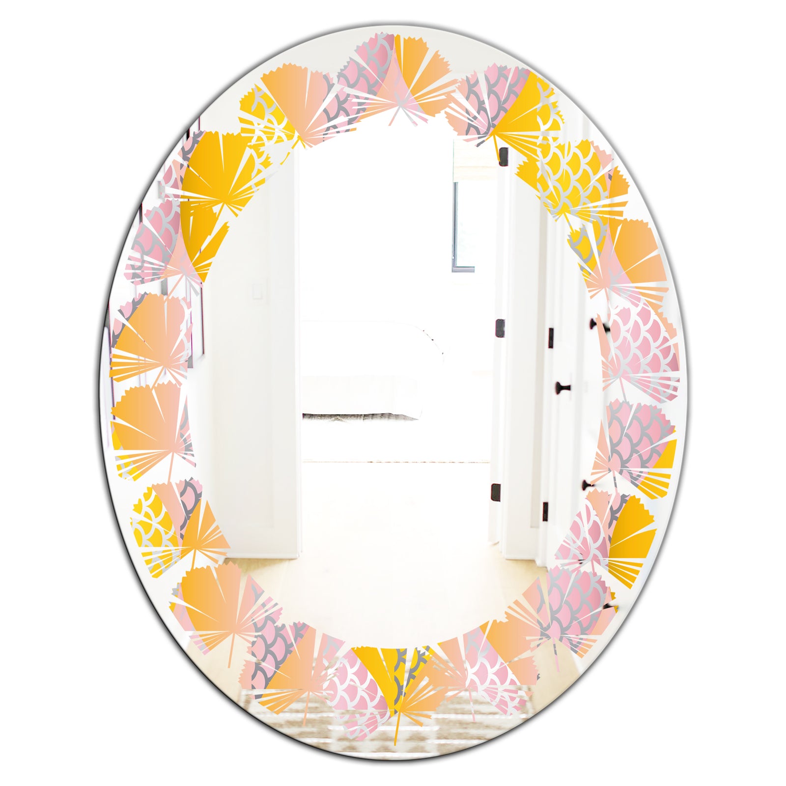 Golden Geometrical Diamond Pattern IV - Modern Round or Oval Wall Mirror - Leaves