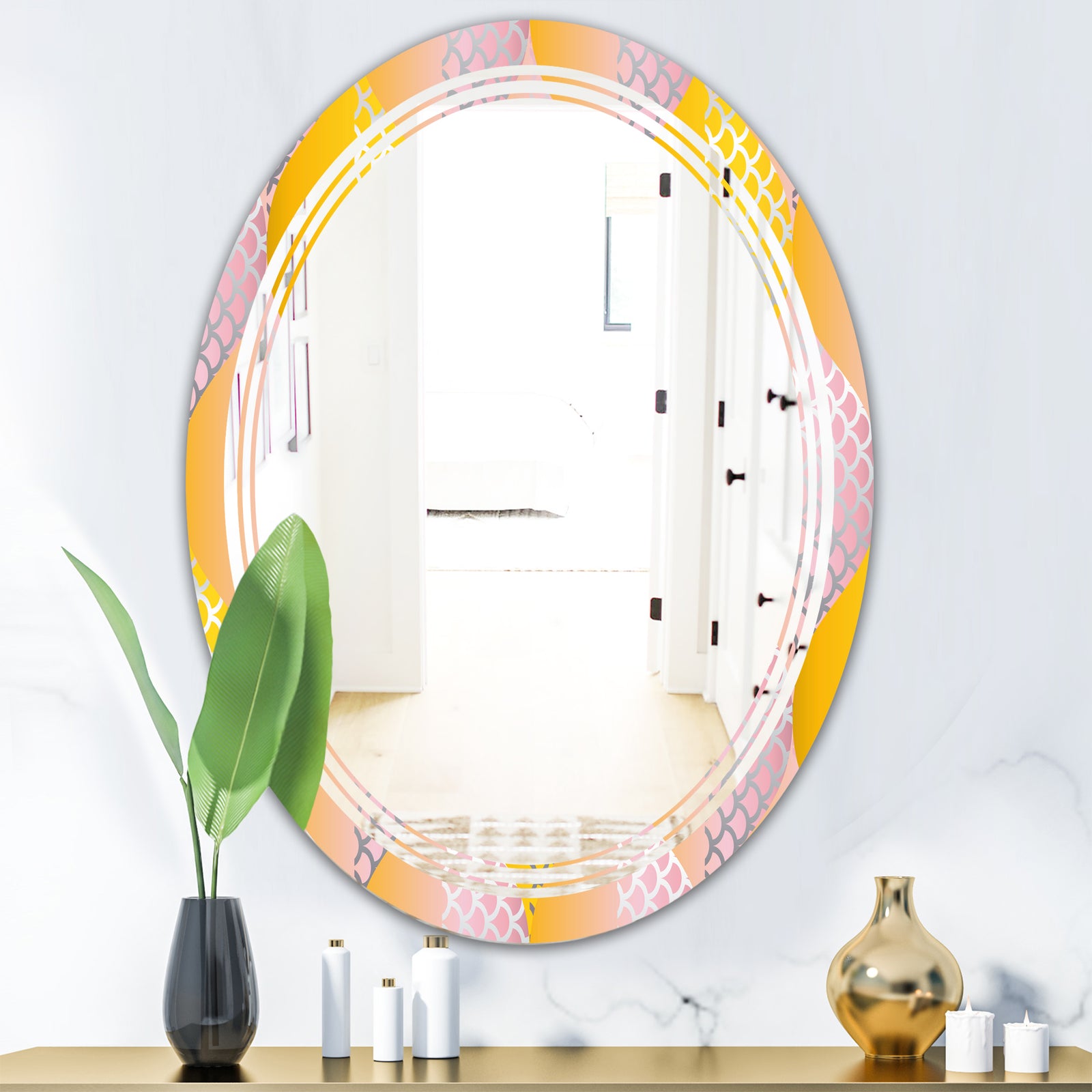 Golden Geometrical Diamond Pattern IV - Modern Round or Oval Wall Mirror - Triple C