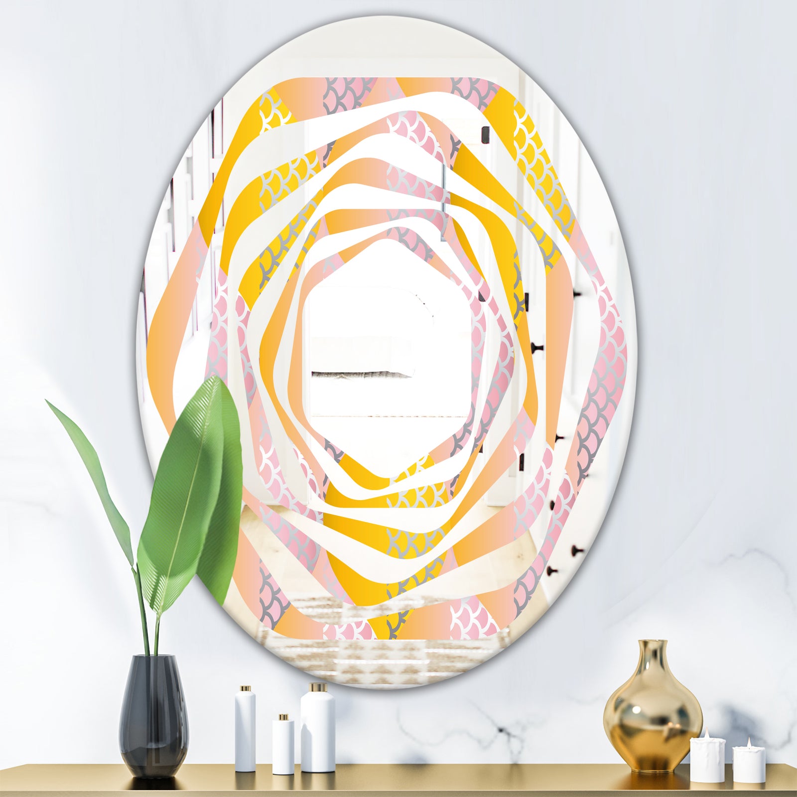 Golden Geometrical Diamond Pattern IV - Modern Round or Oval Wall Mirror - Whirl