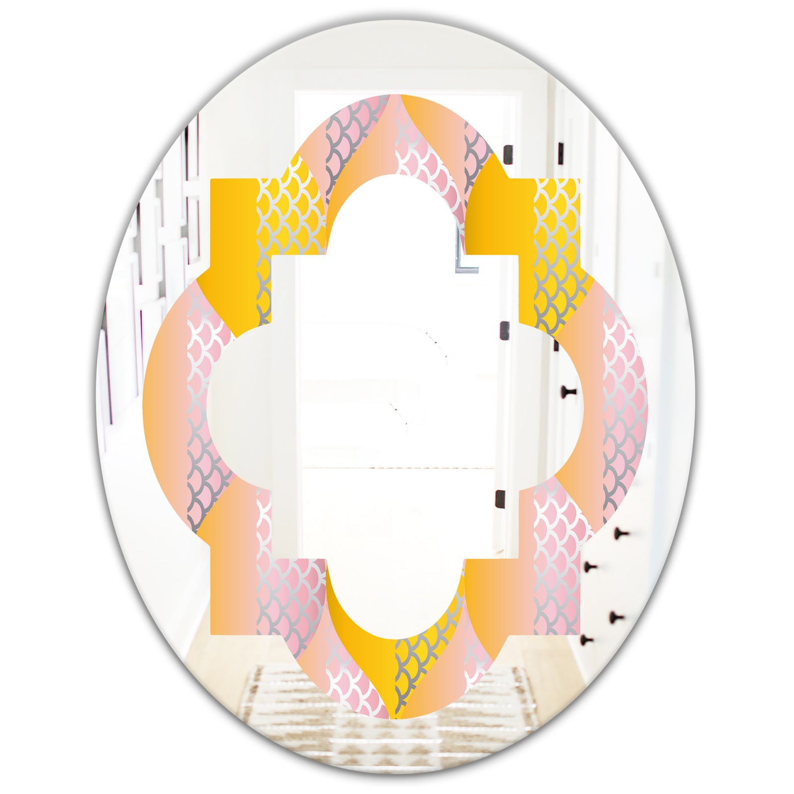 Golden Geometrical Diamond Pattern IV - Modern Round or Oval Wall Mirror - Quatrefoil