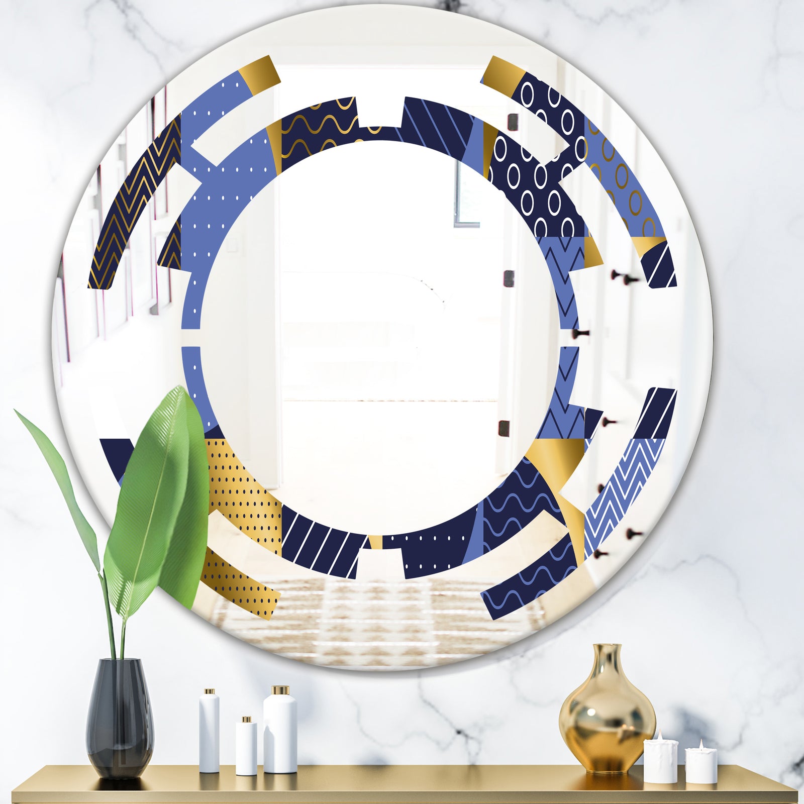 Retro Luxury Waves In Gold and Blue IV - Modern Round or Oval Wall Mirror - Space