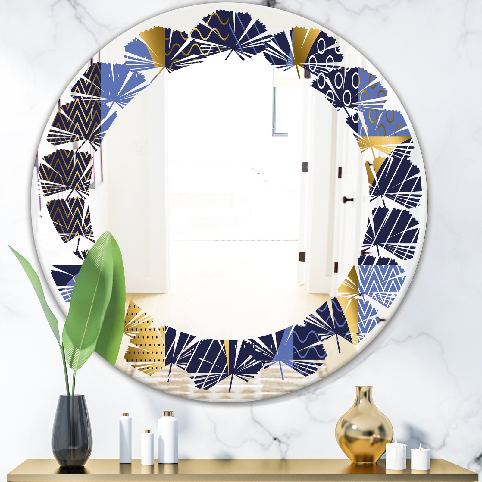 Retro Luxury Waves In Gold and Blue IV - Modern Round or Oval Wall Mirror - Leaves