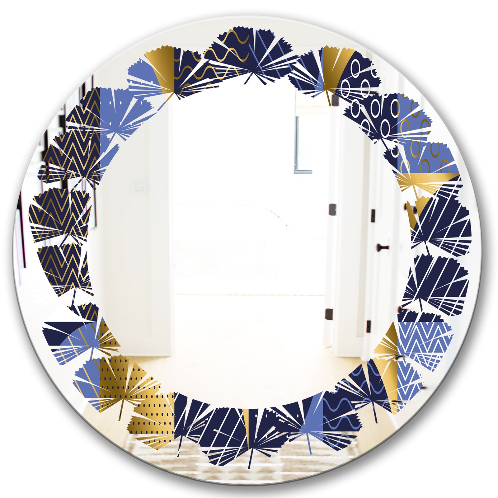 Retro Luxury Waves In Gold and Blue IV - Modern Round or Oval Wall Mirror - Leaves