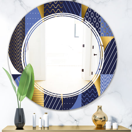 Retro Luxury Waves In Gold and Blue IV - Modern Round or Oval Wall Mirror - Triple C