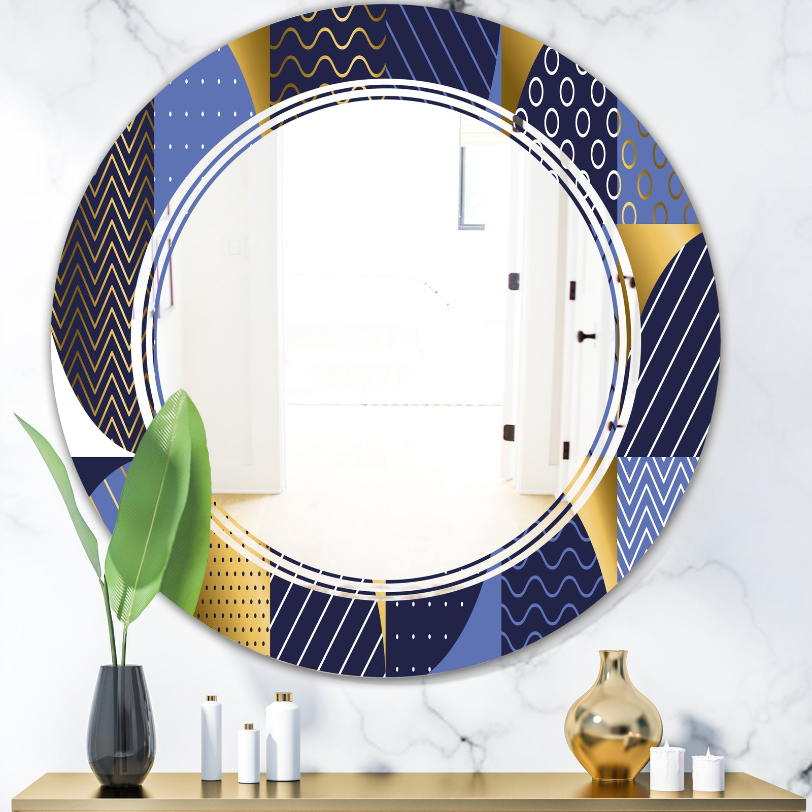 Retro Luxury Waves In Gold and Blue IV - Modern Round or Oval Wall Mirror - Triple C