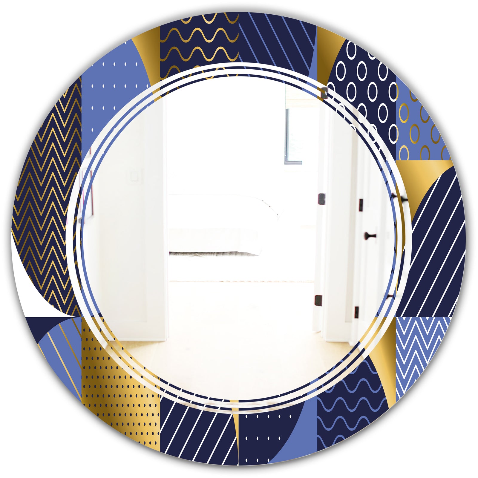 Retro Luxury Waves In Gold and Blue IV - Modern Round or Oval Wall Mirror - Triple C