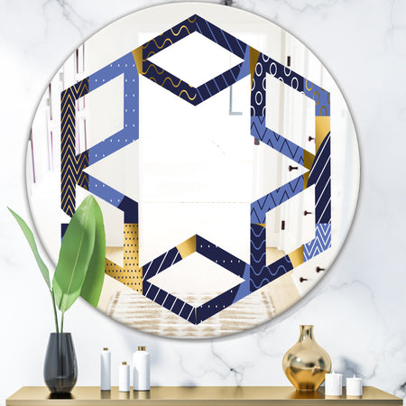 Retro Luxury Waves In Gold and Blue IV - Modern Round or Oval Wall Mirror - Hexagon Star