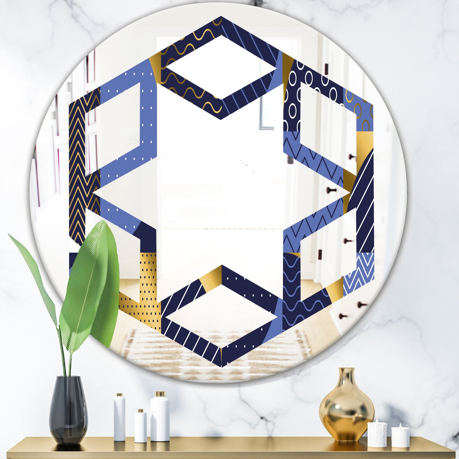 Retro Luxury Waves In Gold and Blue IV - Modern Round or Oval Wall Mirror - Hexagon Star