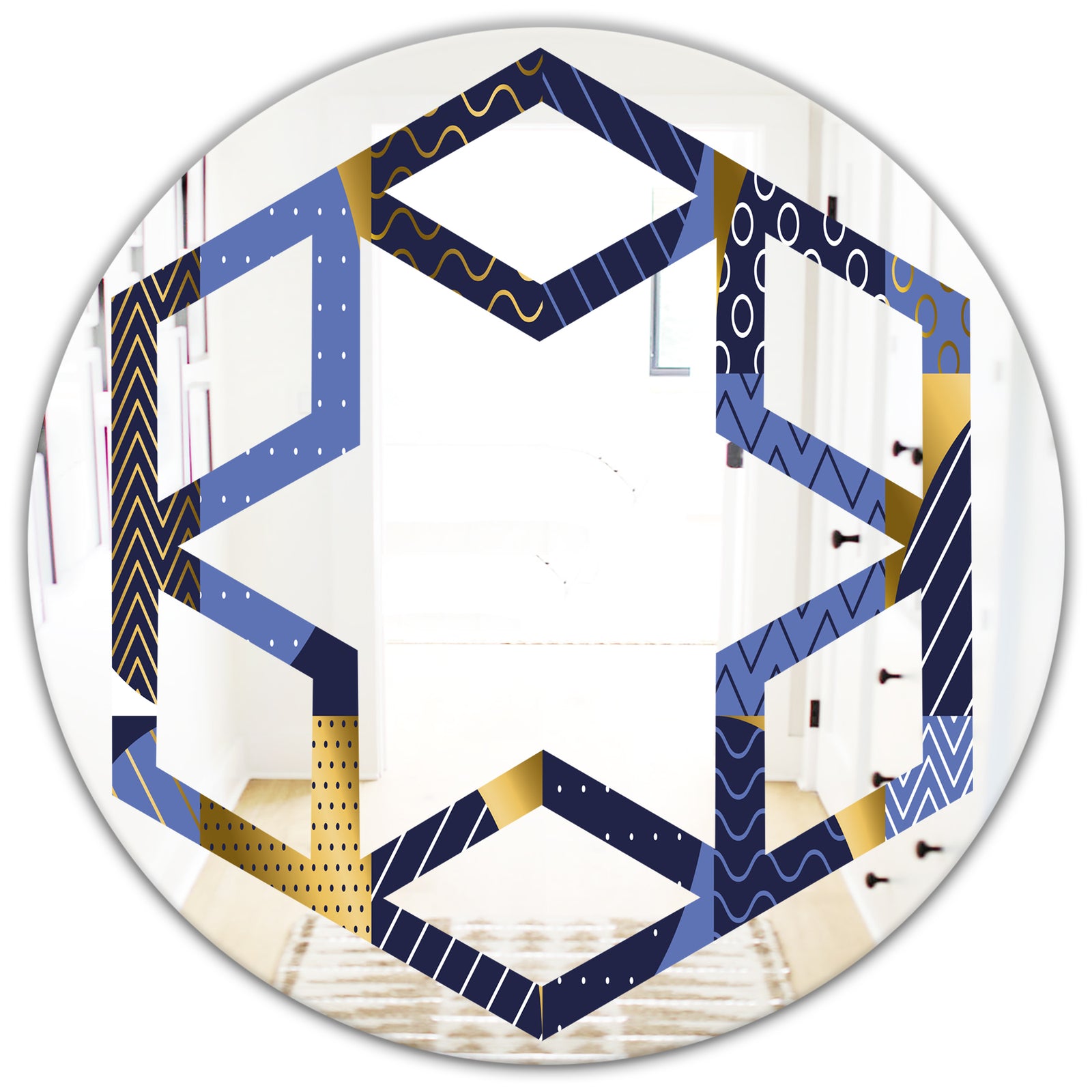Retro Luxury Waves In Gold and Blue IV - Modern Round or Oval Wall Mirror - Hexagon Star