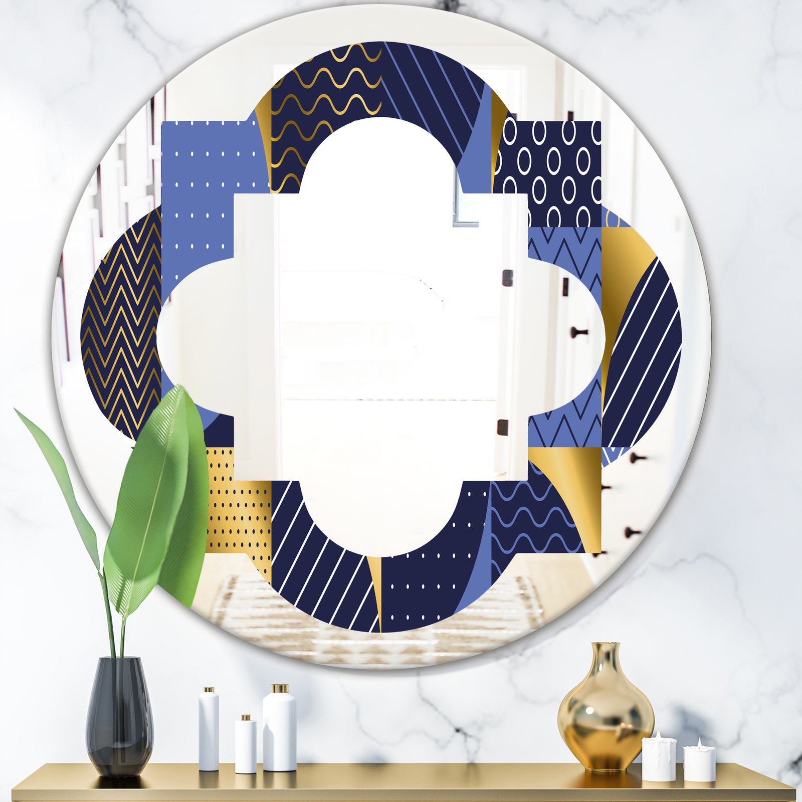 Retro Luxury Waves In Gold and Blue IV - Modern Round or Oval Wall Mirror - Quatrefoil