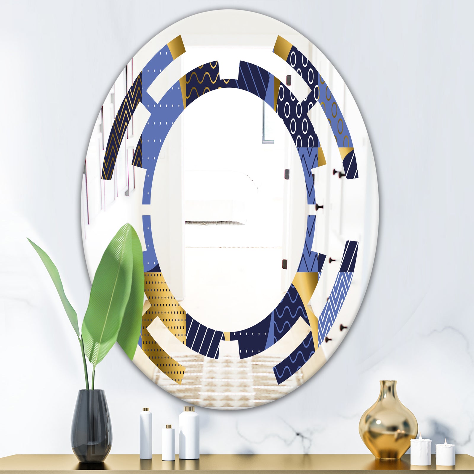 Retro Luxury Waves In Gold and Blue IV - Modern Round or Oval Wall Mirror - Space