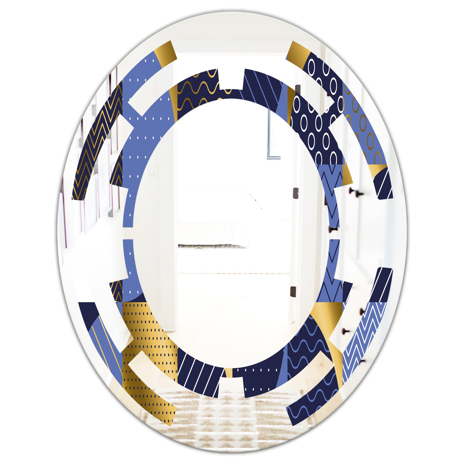 Retro Luxury Waves In Gold and Blue IV - Modern Round or Oval Wall Mirror - Space