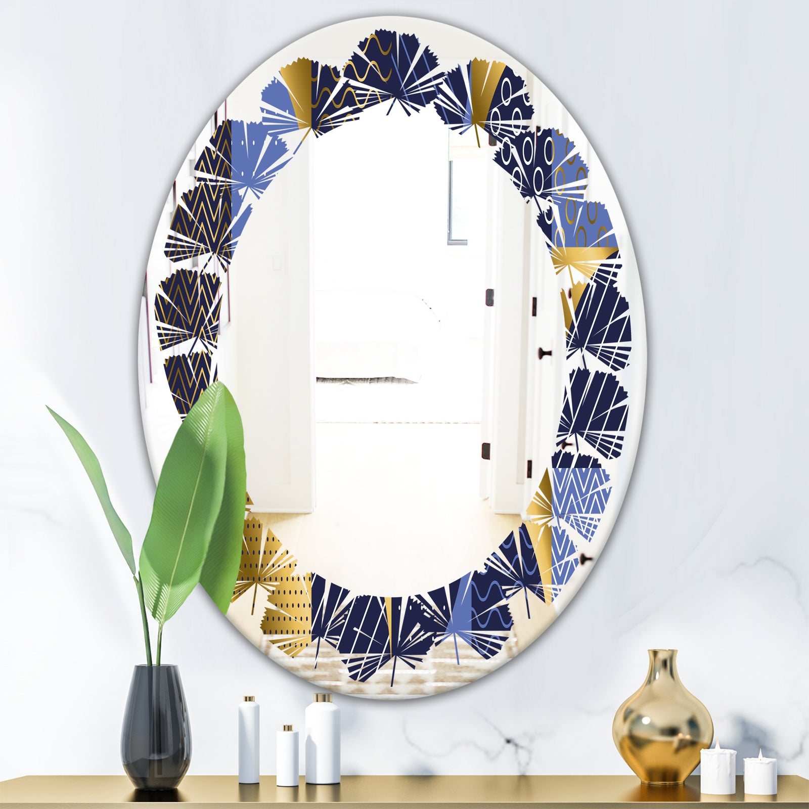 Retro Luxury Waves In Gold and Blue IV - Modern Round or Oval Wall Mirror - Leaves